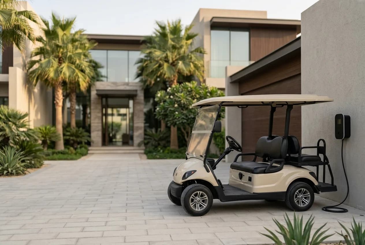 A four-seat electric golf buggy parked neatly on a villa driveway in a UAE community under warm soft daylight