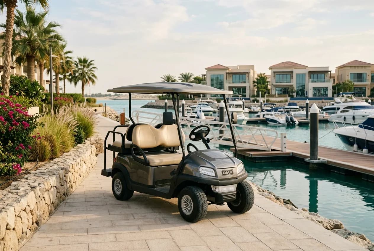 A corrosion-protected golf cart parked in a Yas Island residential community near the waterfront