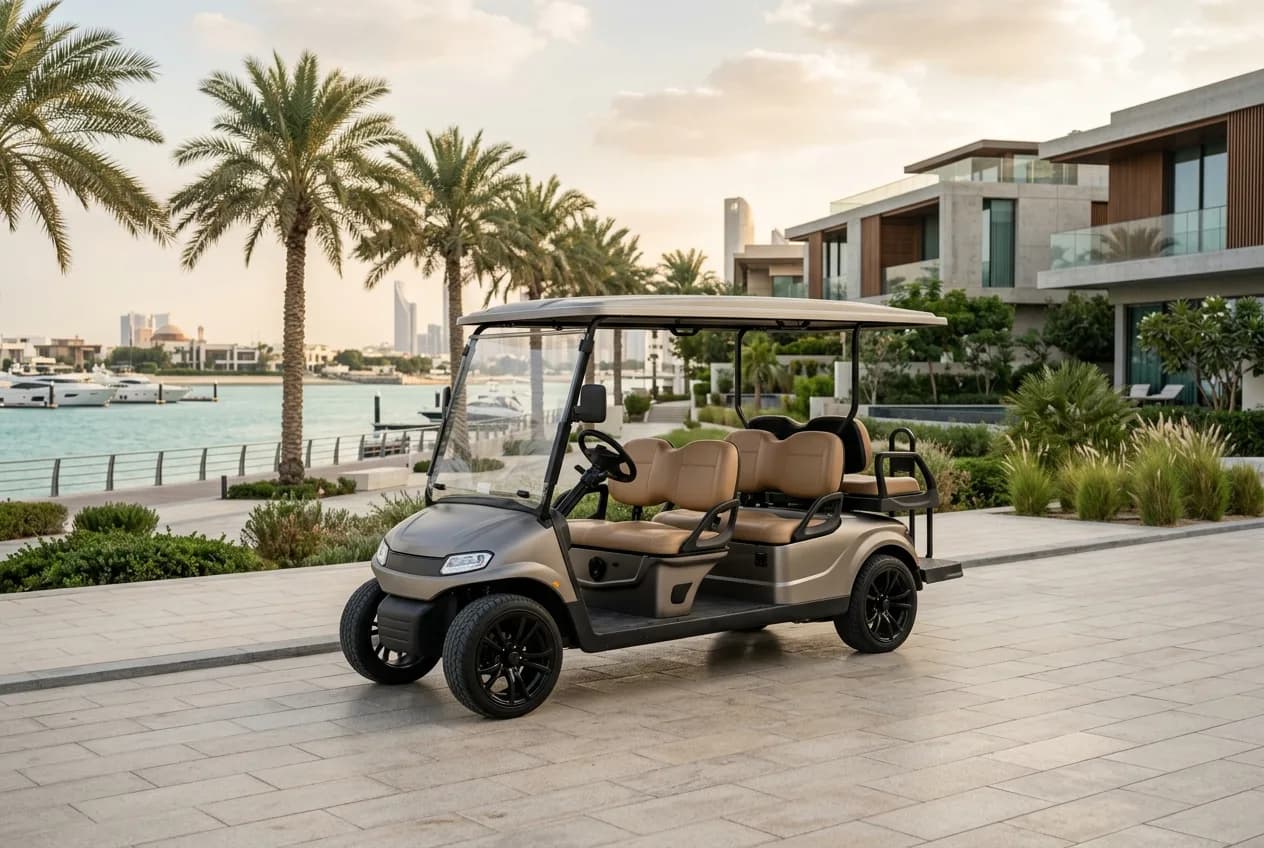 A modern electric golf buggy on a waterfront community road in Abu Dhabi with contemporary architecture and palms