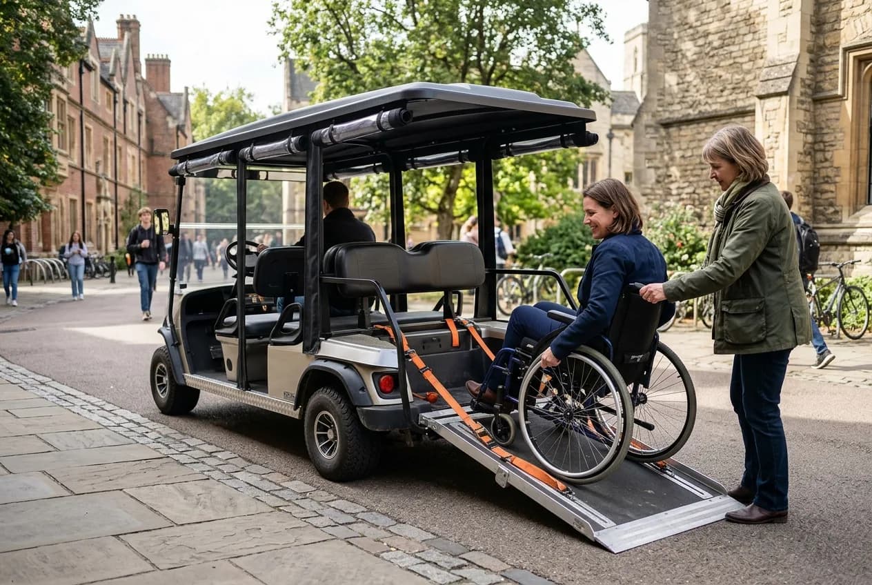 A wheelchair user boarding a step-free electric campus shuttle by a ramp, with a companion alongside
