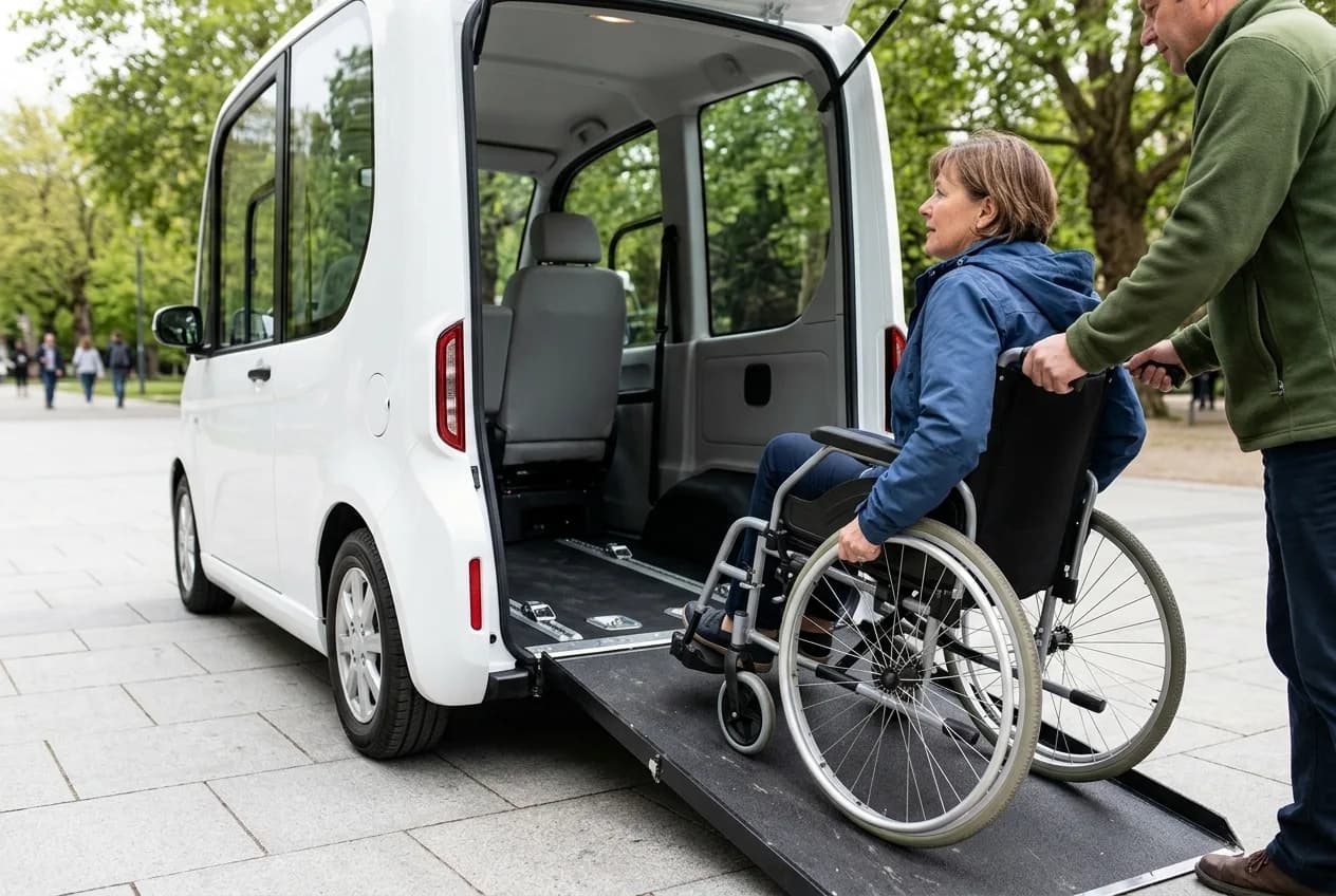 A wheelchair user boarding a step-free electric cart by ramp with their family alongside