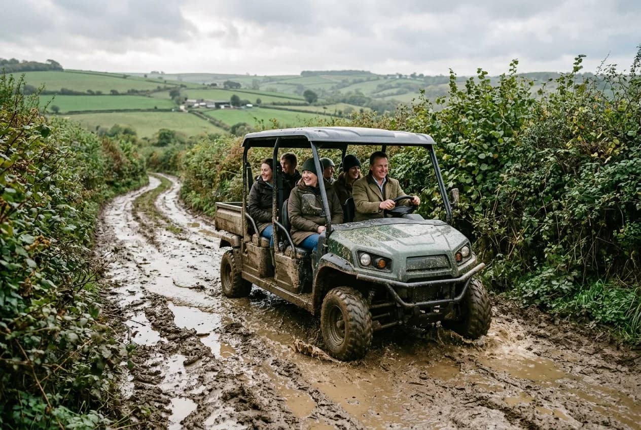 An electric people-mover carrying visitors along a muddy farm track between fields