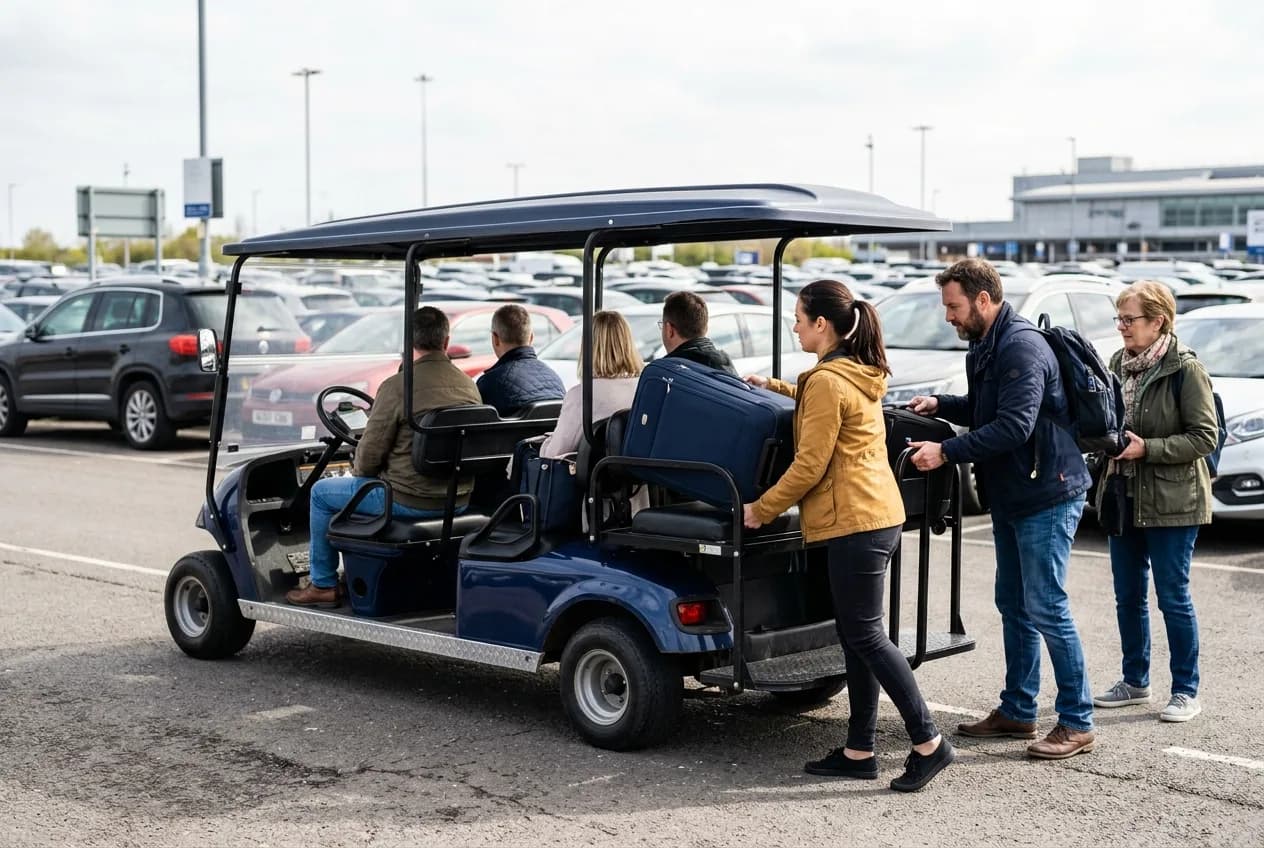 Travellers with suitcases boarding a quiet electric people-mover at an airport kerbside