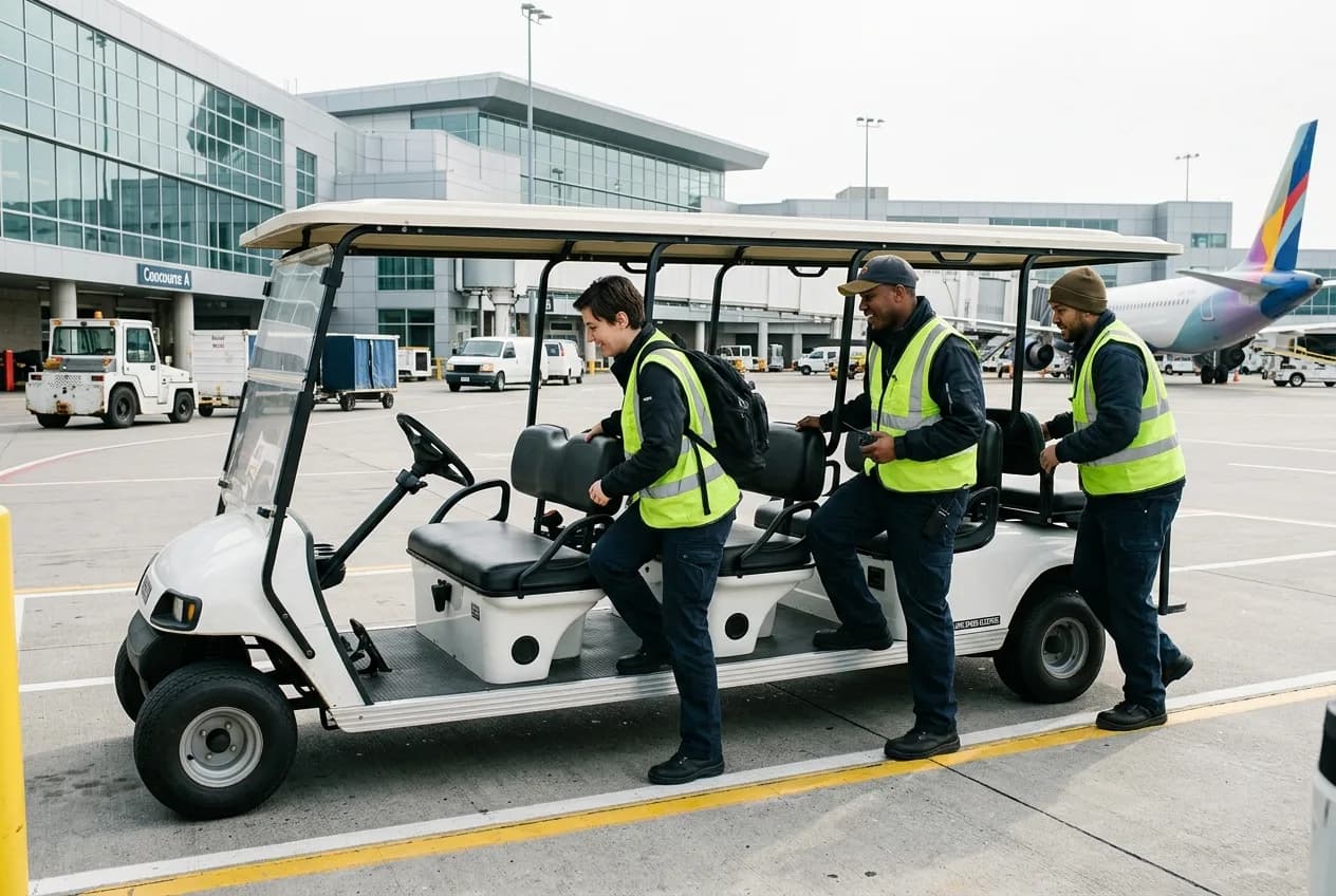 Airline ground crew boarding an electric people-mover beside a terminal building