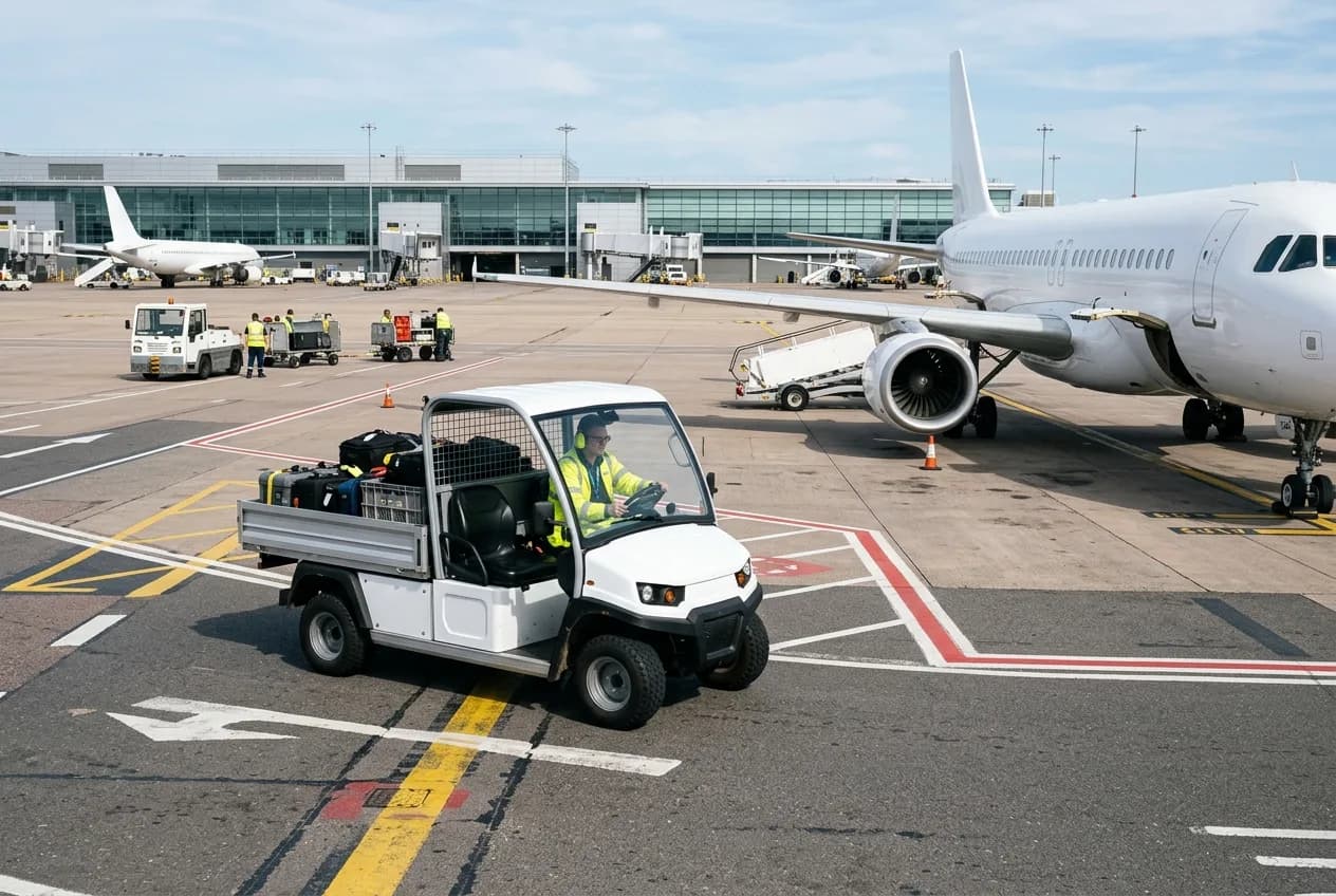 A quiet electric utility cart working on an airport apron beside a generic white aircraft under natural light
