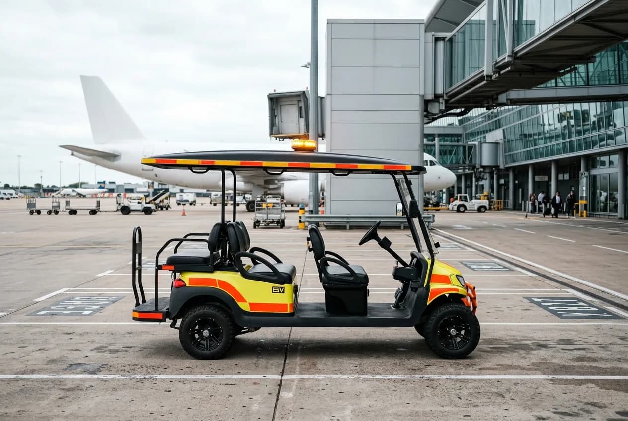 A high-visibility electric cart with a beacon working airside on an airport apron near a generic white aircraft
