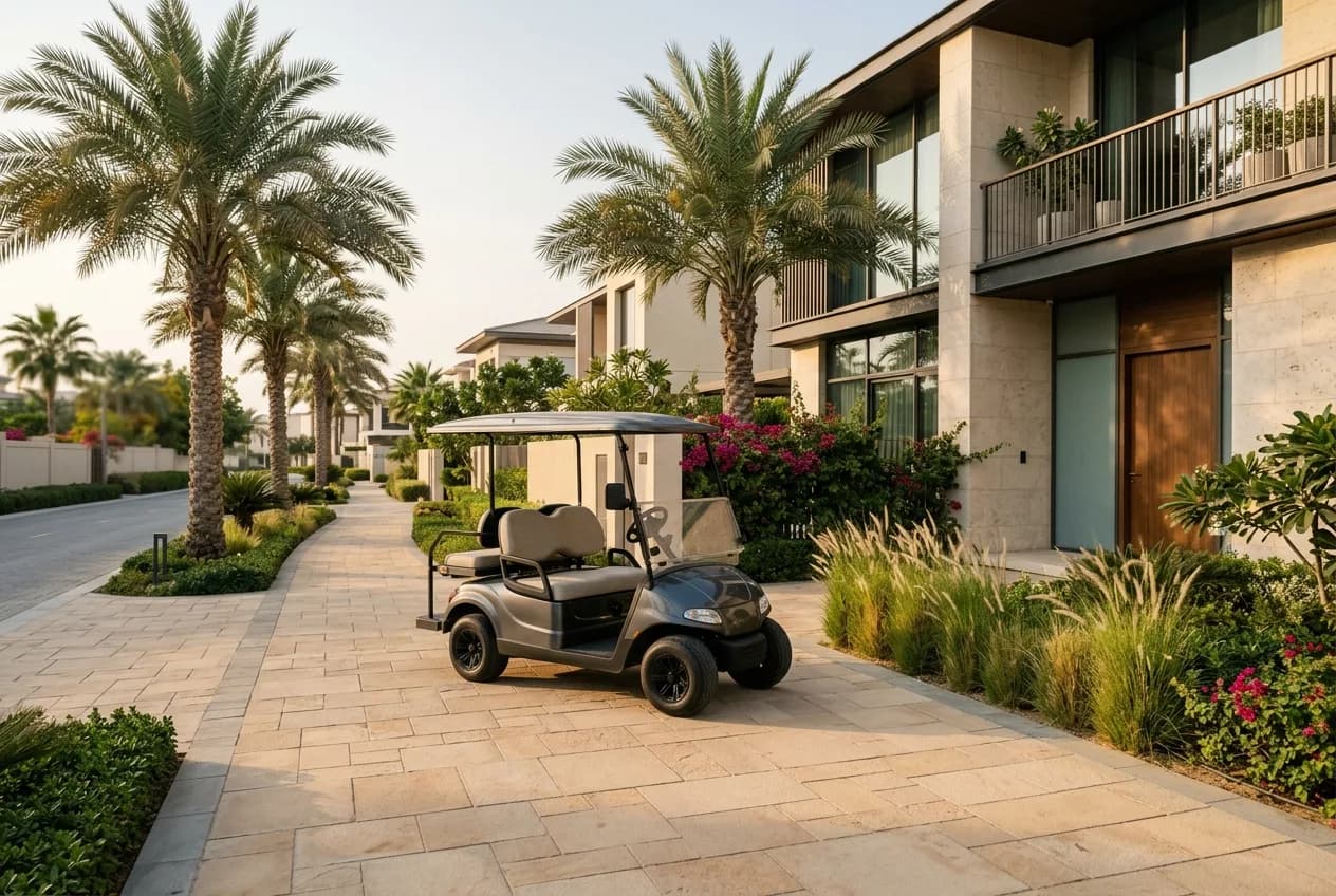 A clean modern electric golf buggy parked on a palm-lined residential driveway in a Dubai gated community