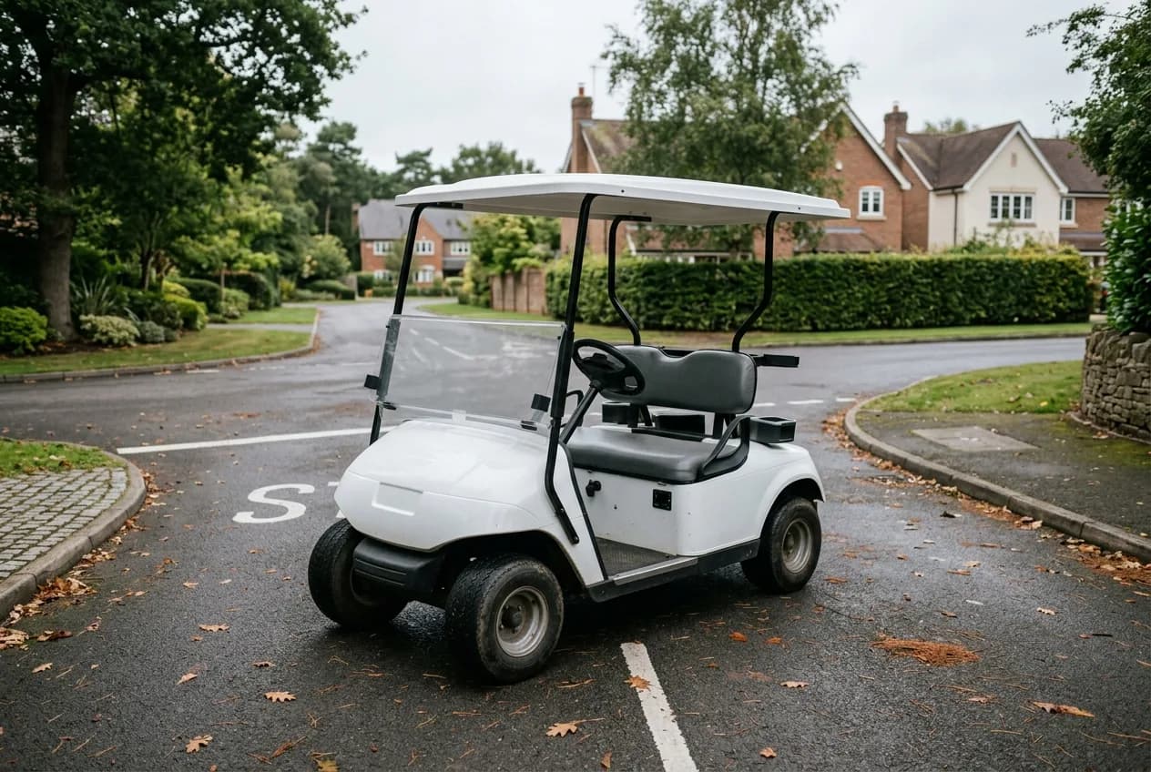 An electric golf cart waiting at a quiet small-town crossroads on a summer evening