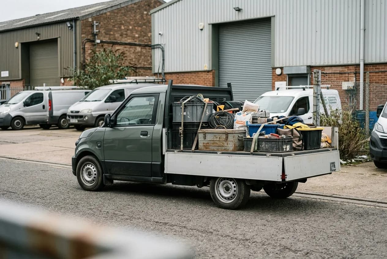 A clean electric utility vehicle with a loaded flat bed on a back-of-house service road at a large attraction