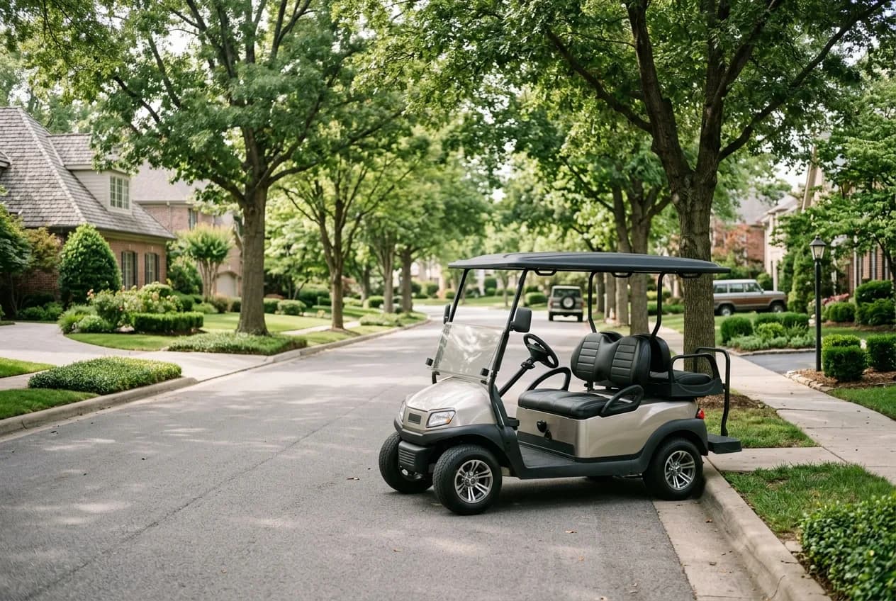 A clean modern four-seat electric golf cart parked on a quiet residential street in soft daylight