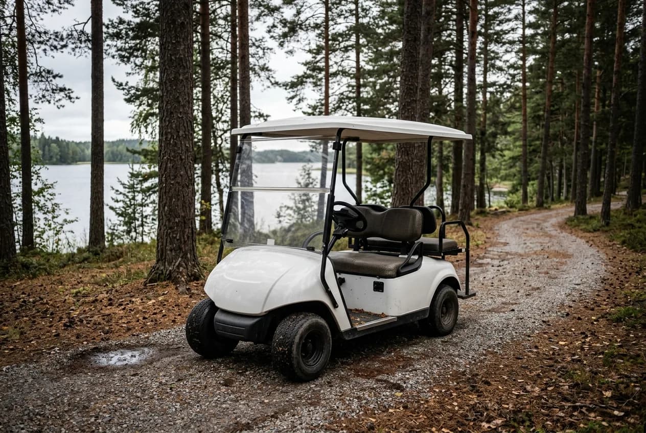 An electric golf cart climbing a gravel track between pine trees near a lake