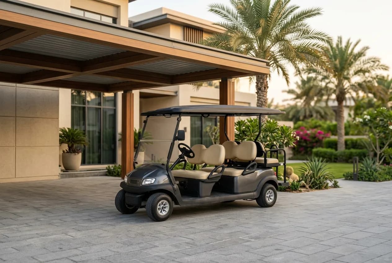 A clean four-seat electric golf buggy parked in the shade beside a contemporary UAE villa with palms