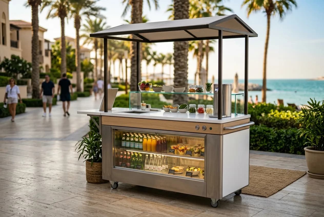 A smartly branded electric beverage cart with chilled drinks serving guests on a sunlit UAE resort pool deck