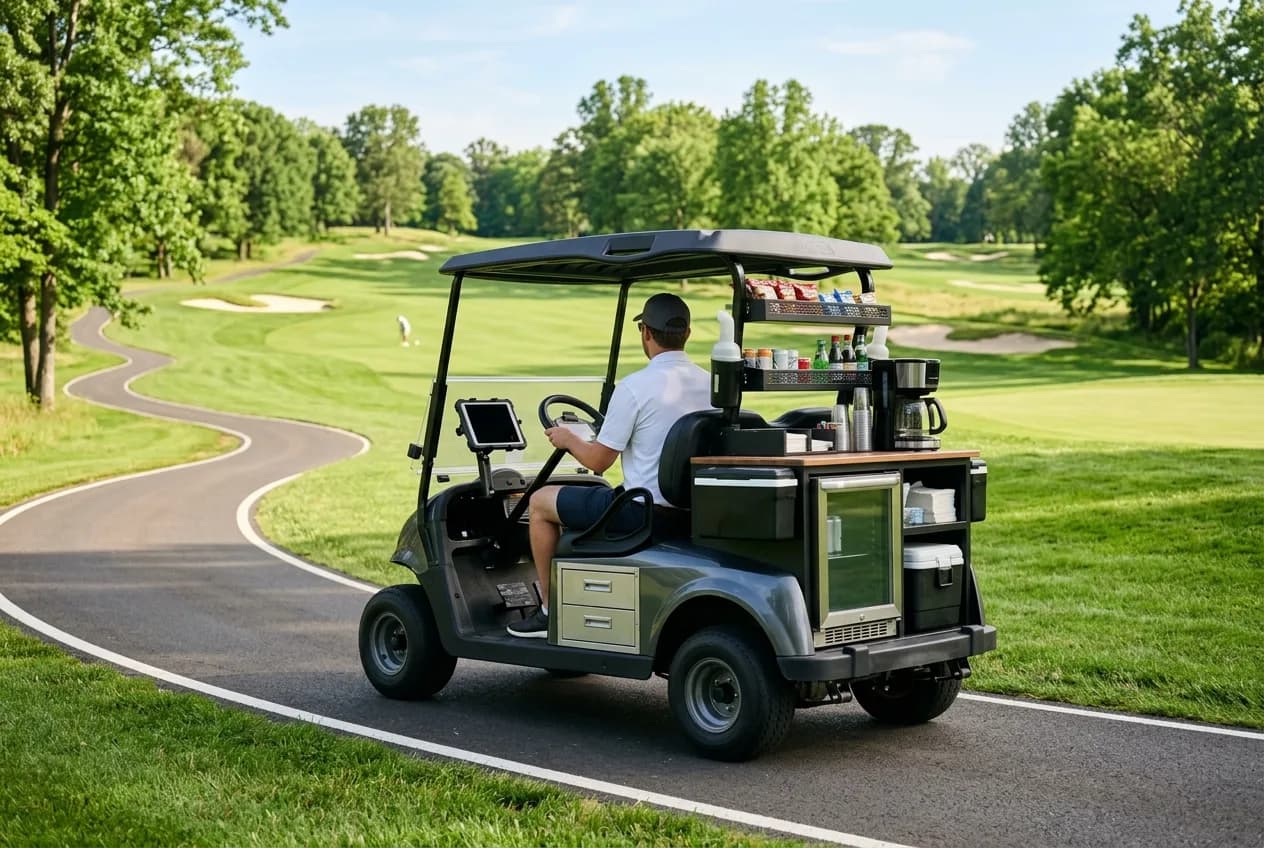 A refrigerated beverage service golf cart stocked with cold drinks parked beside a resort pool deck in bright daylight