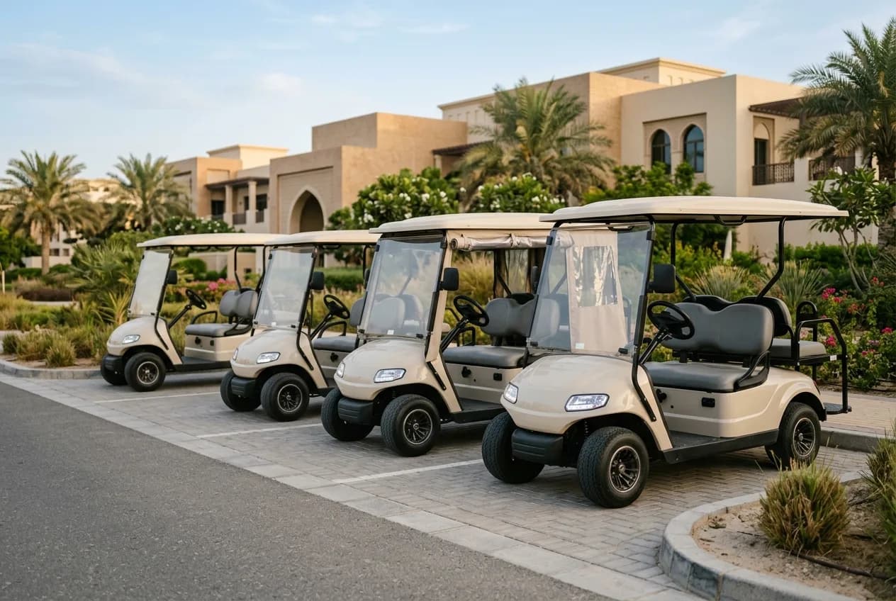 A row of new electric community buggies parked outside a UAE villa community management office under soft daylight