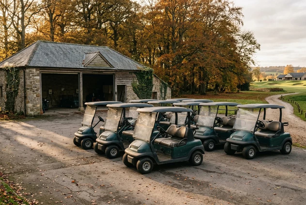 Used golf carts parked in rows outside the cart shed of a British parkland golf club