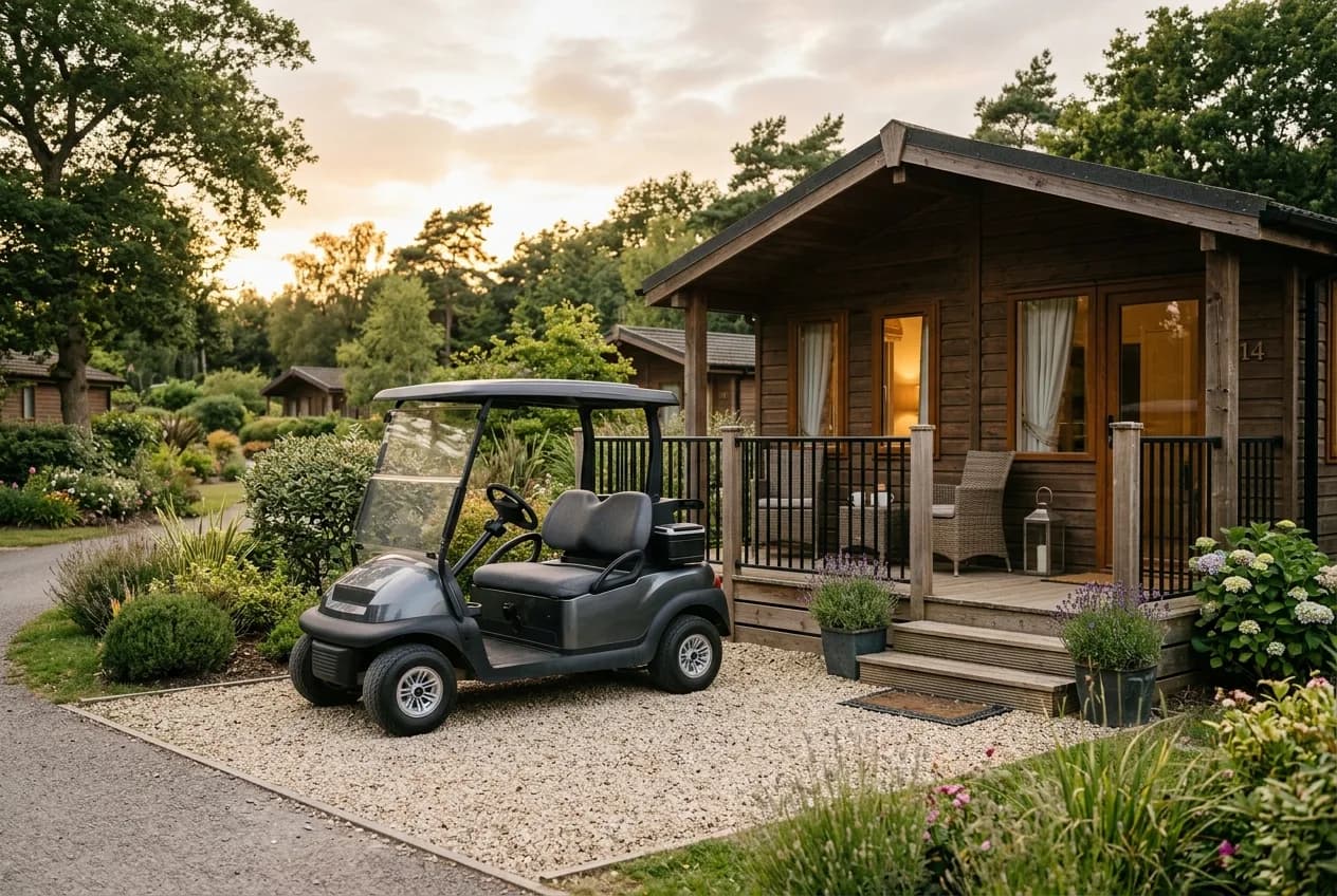 Electric golf buggy parked beside a holiday lodge on a landscaped UK holiday park in evening light