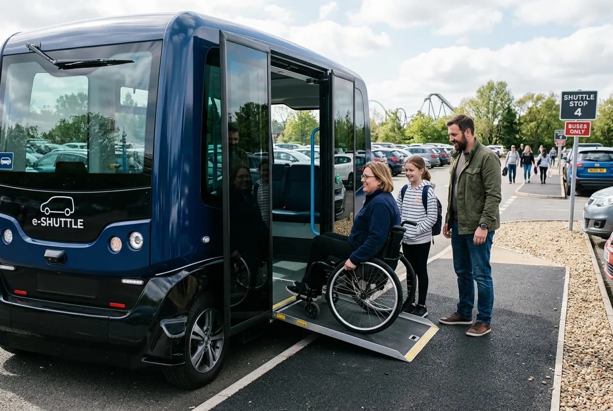 A wheelchair user boarding a step-free electric shuttle by ramp in a theme park car park while their family waits alongside