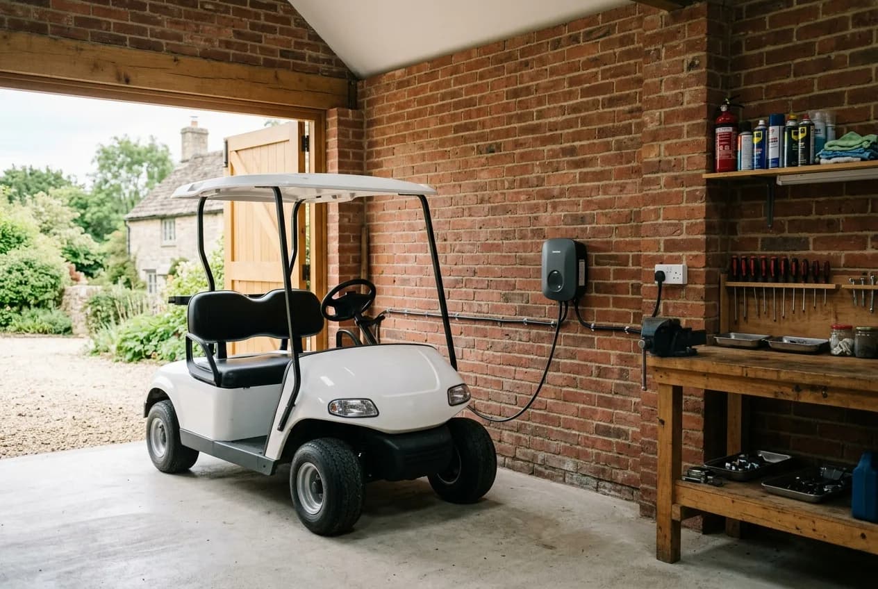 Electric golf cart on charge inside a brick garage at a British home, charger plugged into a wall socket