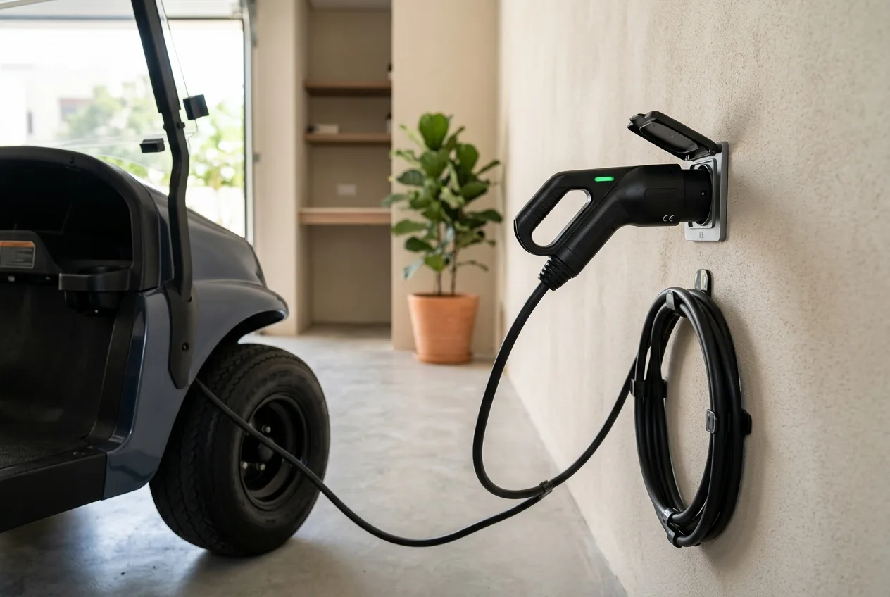 An electric golf buggy charging from a wall socket in a clean shaded UAE villa garage
