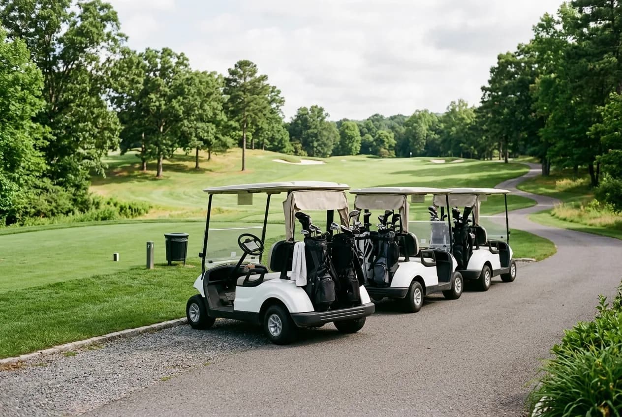 Three clean modern golf carts lined up side by side on a course path in soft daylight