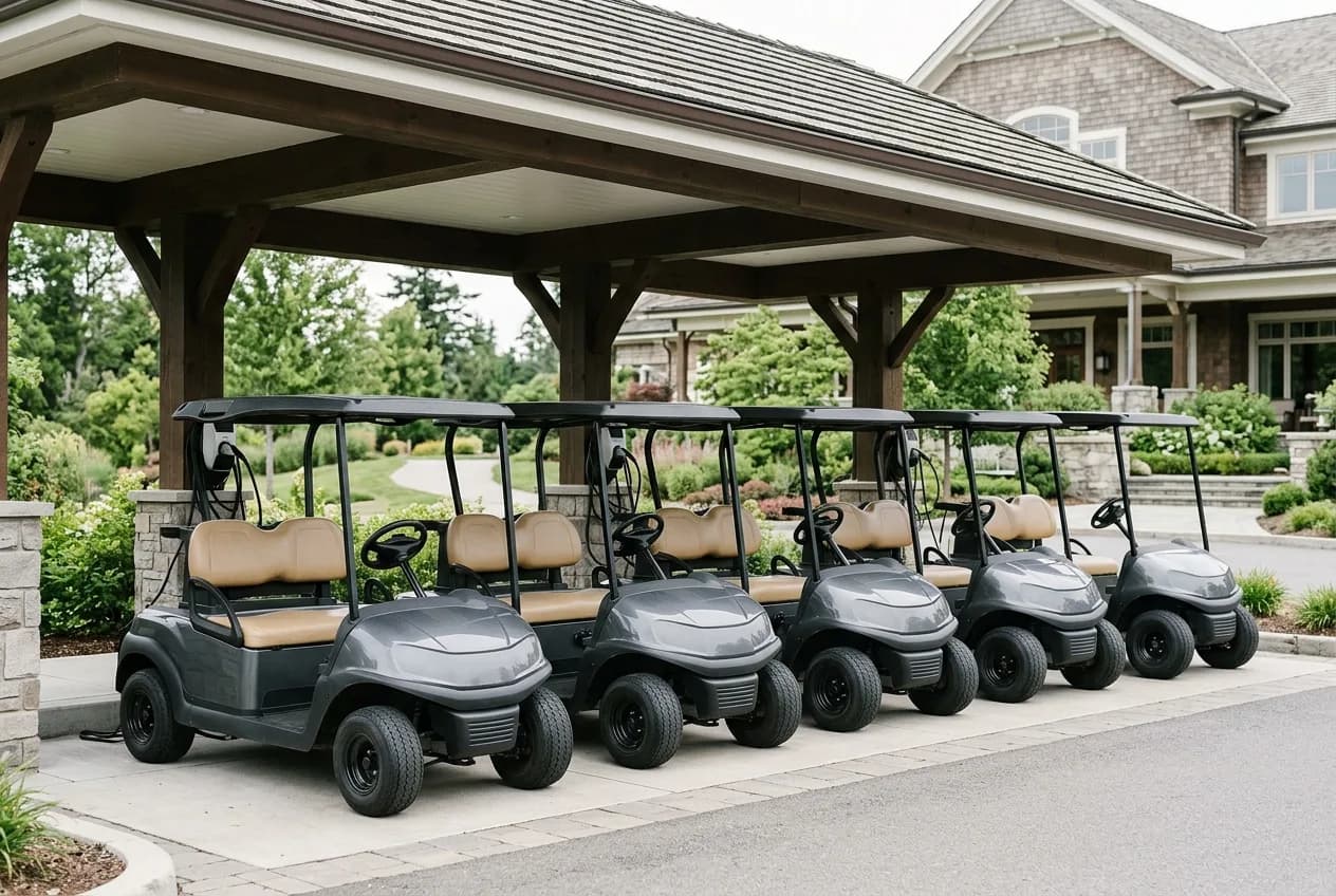 A neat row of identical electric golf carts parked at a resort facility under a covered charging canopy in soft daylight