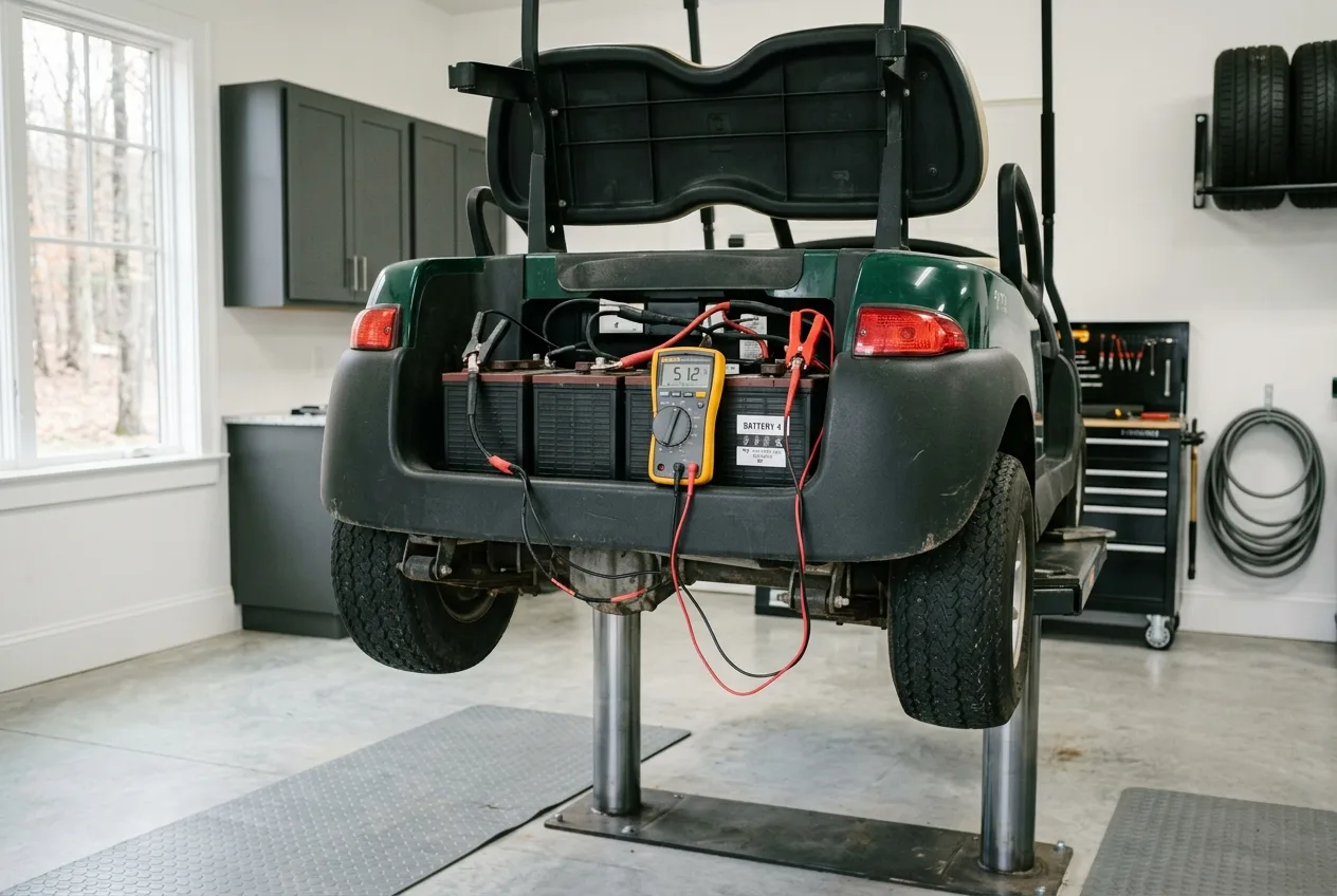 A golf cart raised on a workshop stand with a technician's multimeter checking battery connections in a clean garage