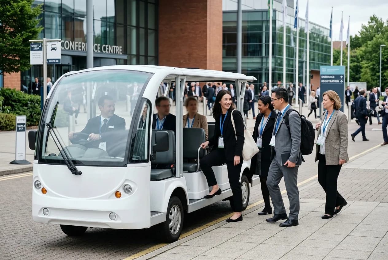 Conference delegates with lanyards boarding an electric shuttle cart outside a venue entrance