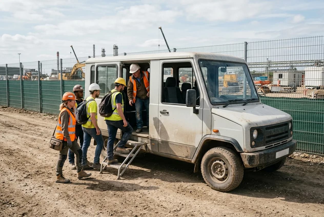 A crew of construction workers in hi-vis and hard hats boarding a rugged electric personnel carrier on a site track