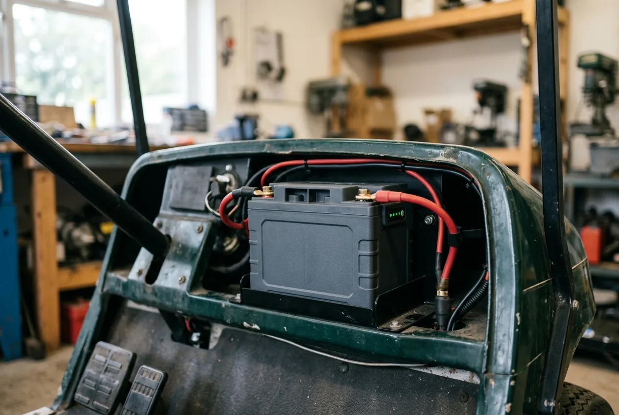 Compact lithium battery pack installed in the battery tray of an electric golf cart in a British workshop