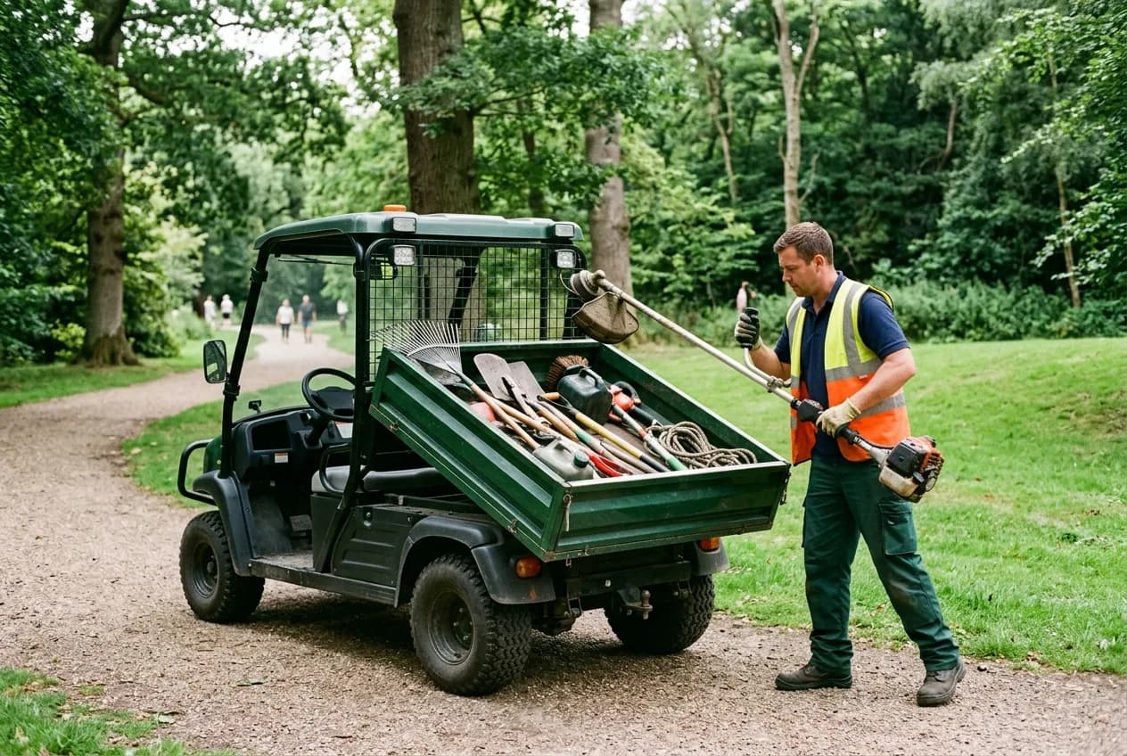 A council grounds-maintenance crew loading tools onto the load bed of an electric utility cart in a public park under natural light