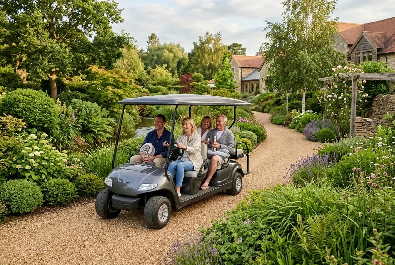 An elegant electric cart carrying guests along a gravel path through landscaped spa gardens