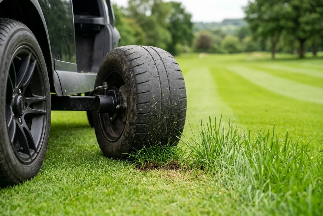 Close-up of a wide turf tyre on an electric golf buggy resting gently on a striped British lawn