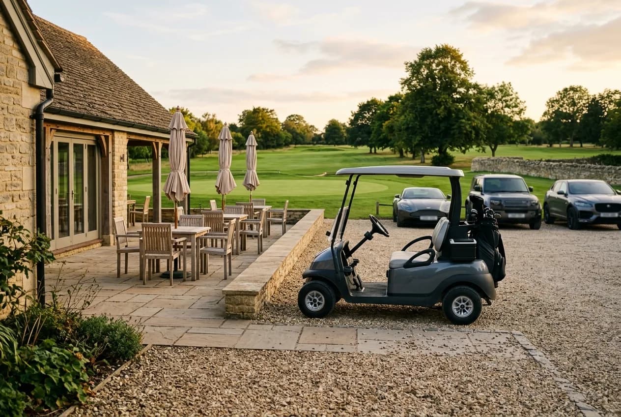 Golf buggy parked outside a UK clubhouse terrace in late afternoon light with the car park beyond
