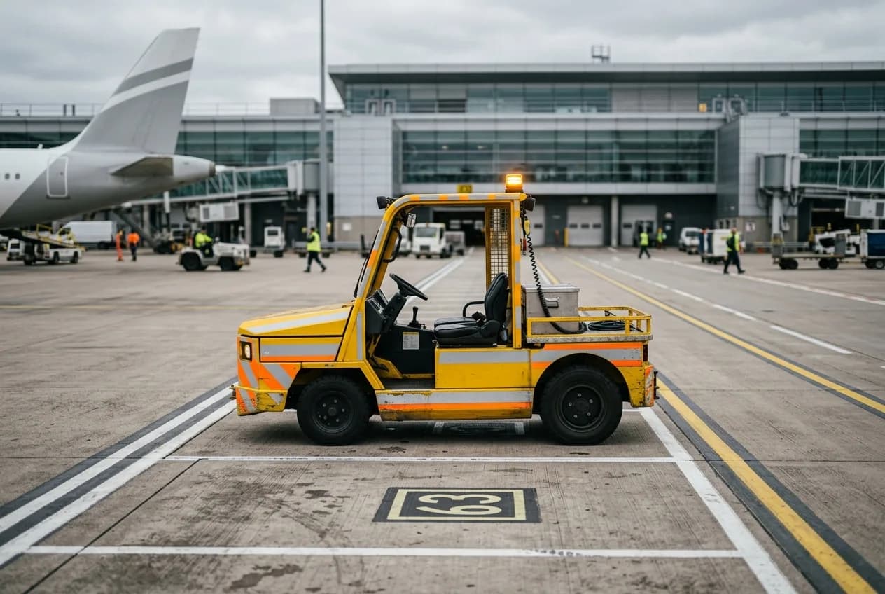 A high-visibility electric utility cart working on an airport apron near a terminal pier