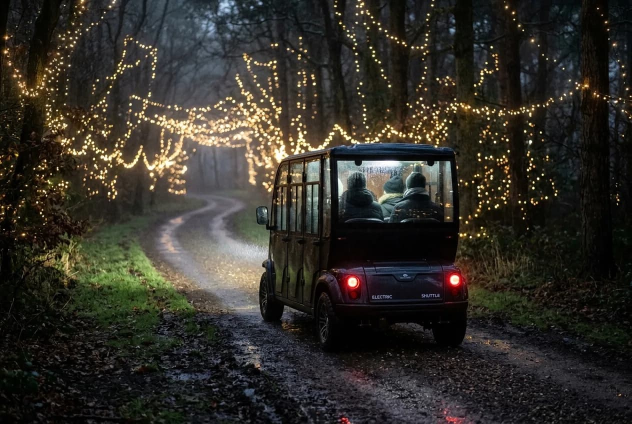 Electric buggy with headlights on carrying visitors along an illuminated woodland trail on a wet winter evening