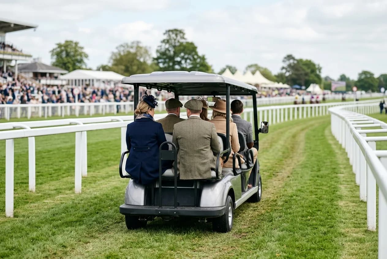 Electric eight-seat shuttle buggy carrying racegoers along a rail-lined path at a British racecourse