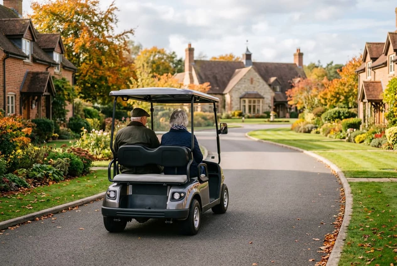 Older couple riding an electric buggy along a private tree-lined road in a UK retirement village