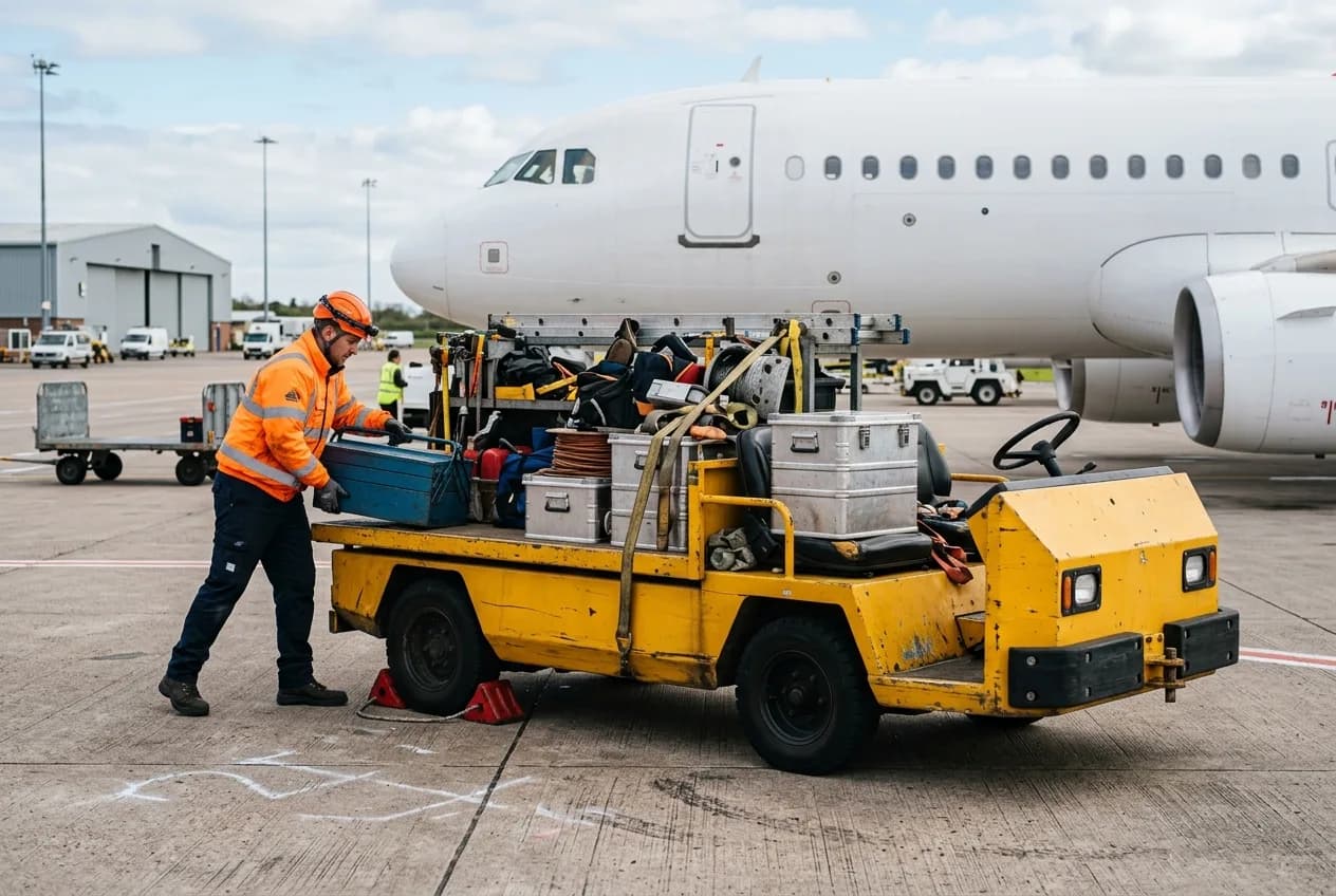 A high-visibility electric tow tractor pulling a train of baggage carts across an airport apron beside an aircraft