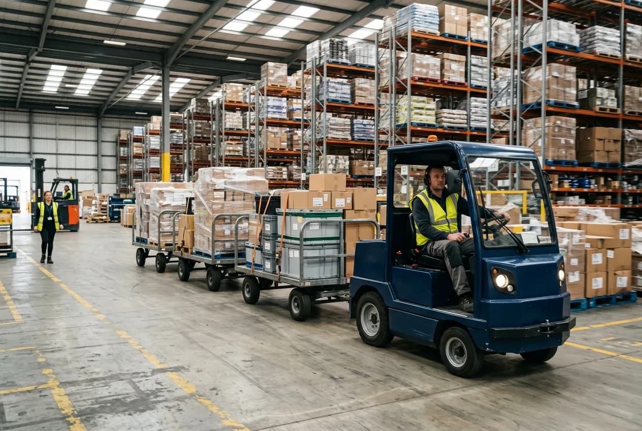 An electric tow tractor pulling a train of loaded trailers down a wide warehouse aisle