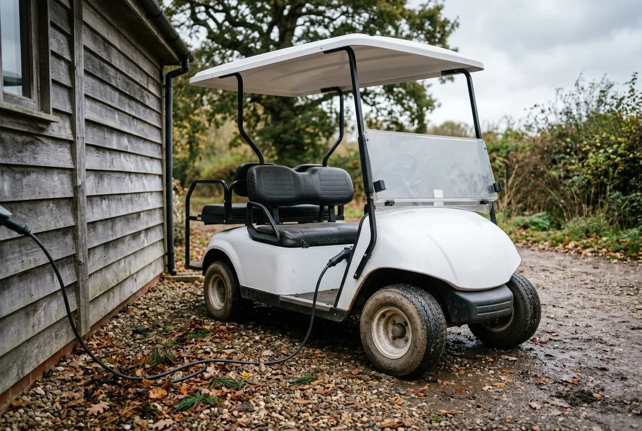 An electric golf cart plugged in to charge inside a tidy wooden outbuilding