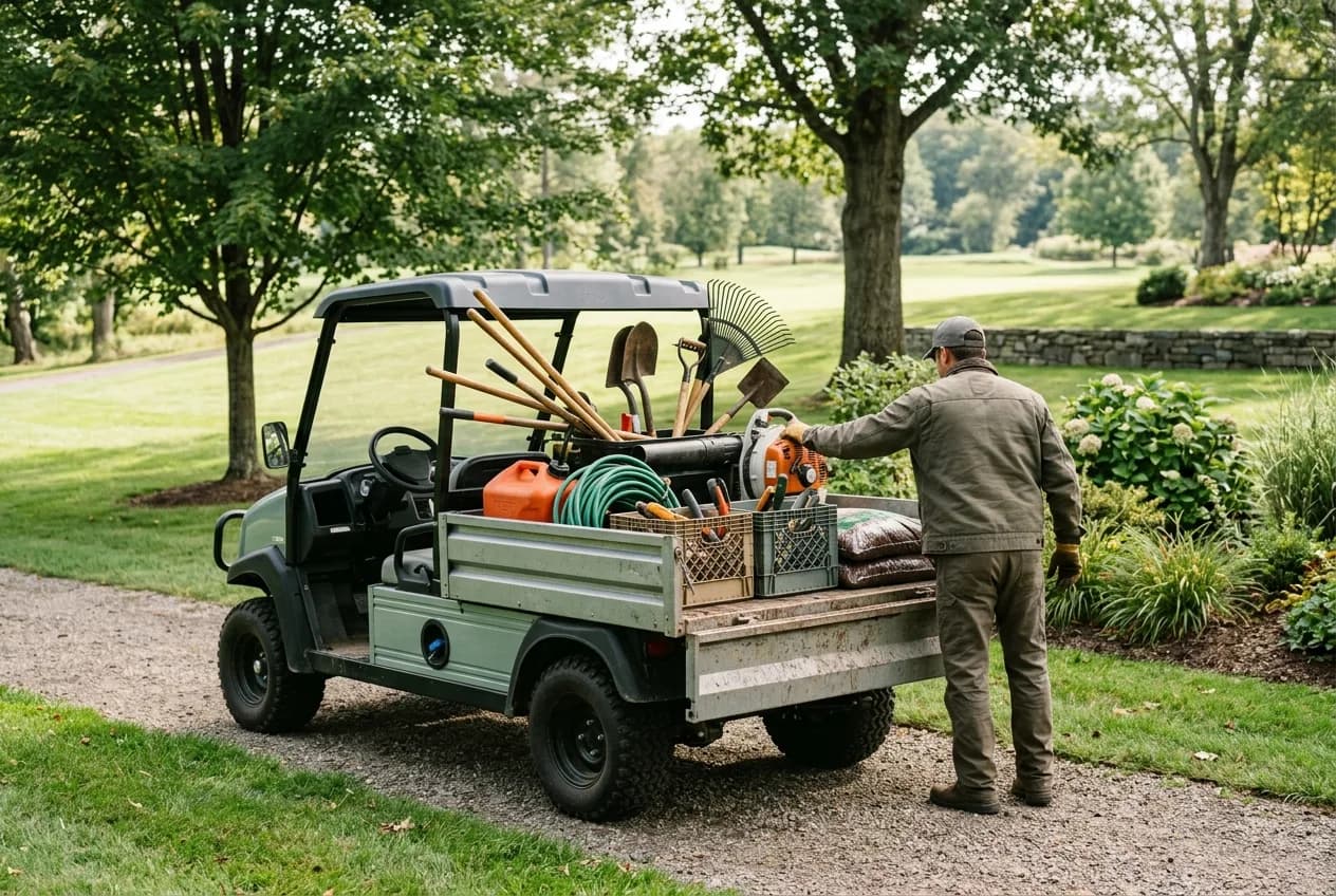 An electric utility vehicle with a loaded cargo bed of tools and supplies parked on a working grounds-maintenance site in daylight