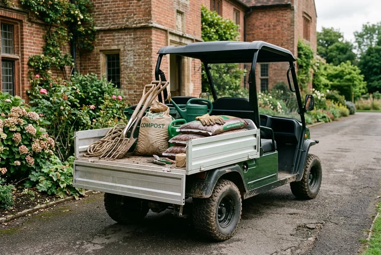 An electric utility cart with a loaded rear bed parked on a path beside a large institutional building