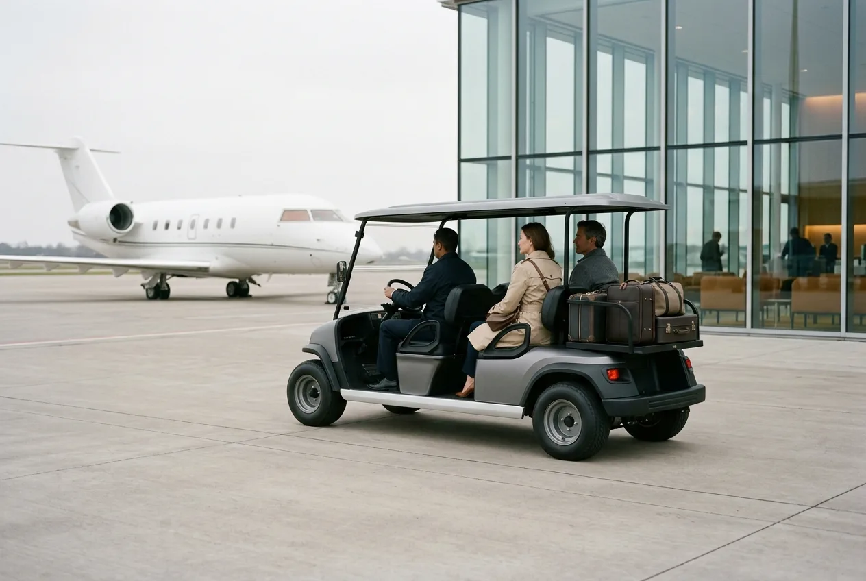 A premium electric cart carrying passengers a short distance from a private jet to a terminal lounge on a clean apron