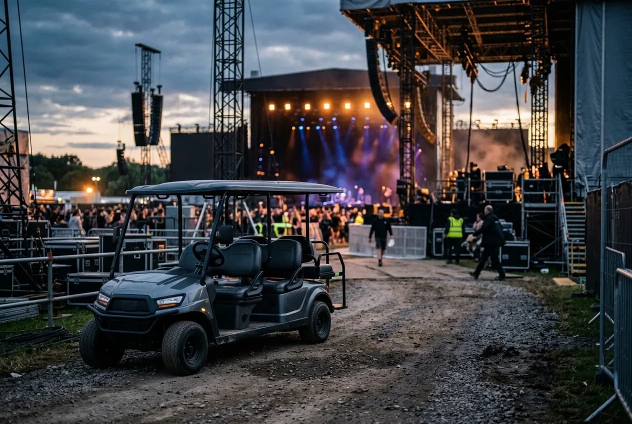 An electric buggy on a backstage track at an outdoor festival at dusk