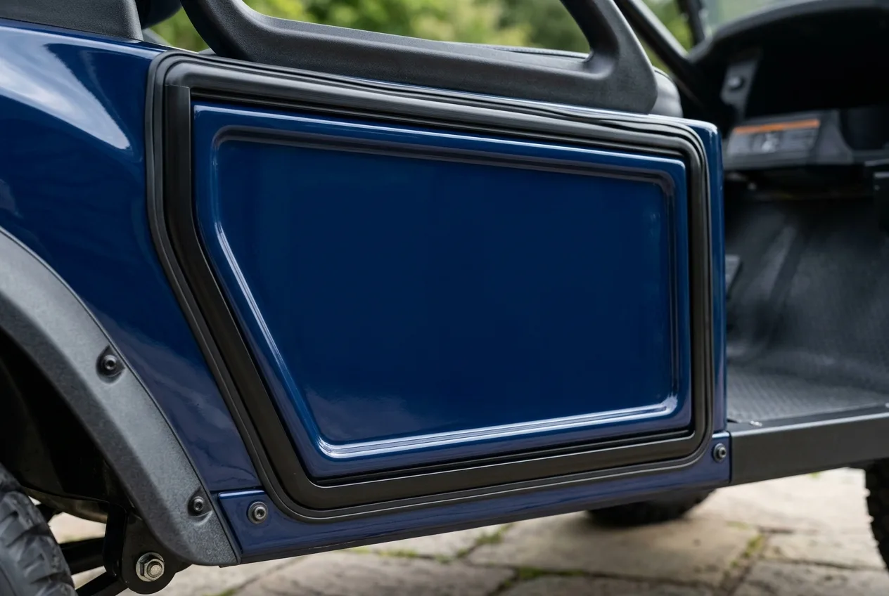 Close-up of an electric cart side panel showing a clean venue color with a tidy sponsor area