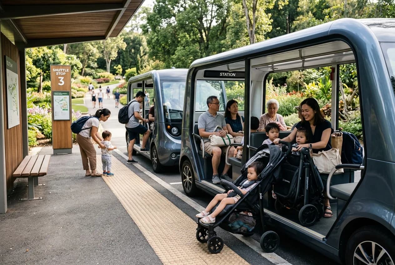 Electric people-movers running a continuous loop carrying visitors at a busy attraction entrance