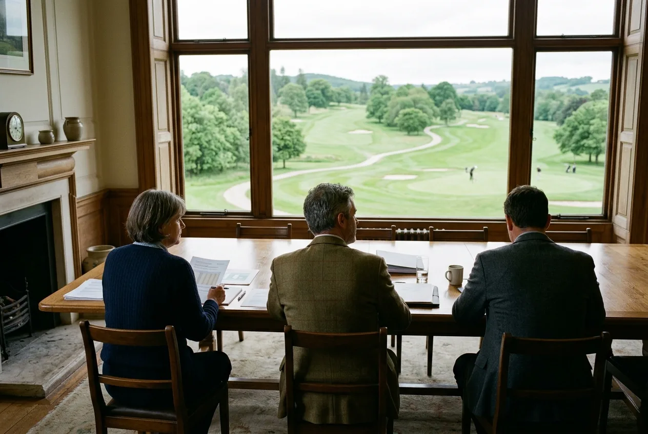 Golf club committee members reviewing a printed buggy policy at a table overlooking a UK parkland course
