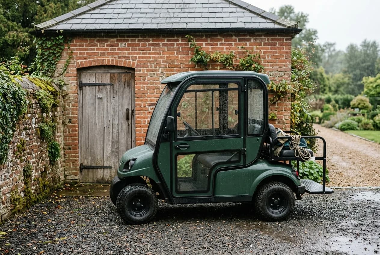 Electric golf cart with a full cab enclosure and cargo box parked by a brick outbuilding on a wet British morning