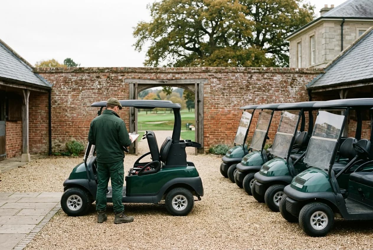 A greenkeeper completing a maintenance checklist beside a fleet of electric golf carts in a well-kept British club yard